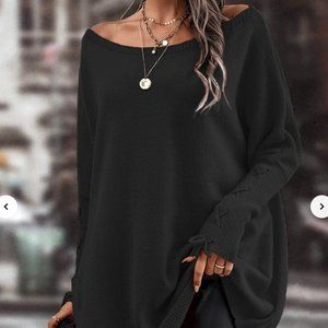 Boat Neck Lace Up Cuff Batwing Sleeve Sweater-S